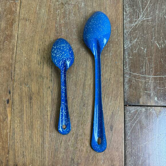 Vintage Blue White Speckled Enamel Graniteware Set of 2 Serving Cooking Spoons - Picture 5 of 7